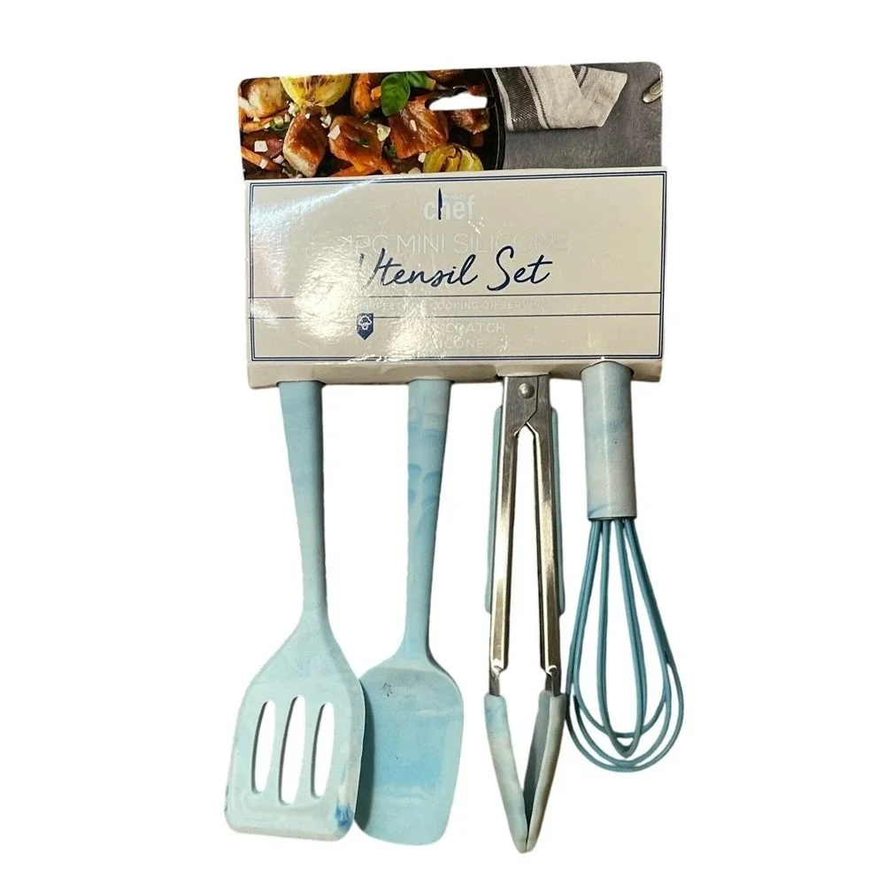 Chef Utensils Turner,Spatlua,Tongs & whisk Lt. Blue/White‎ NEW